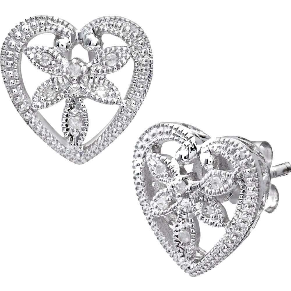 9ct White Gold Natural Diamond Heart Stud Earrings