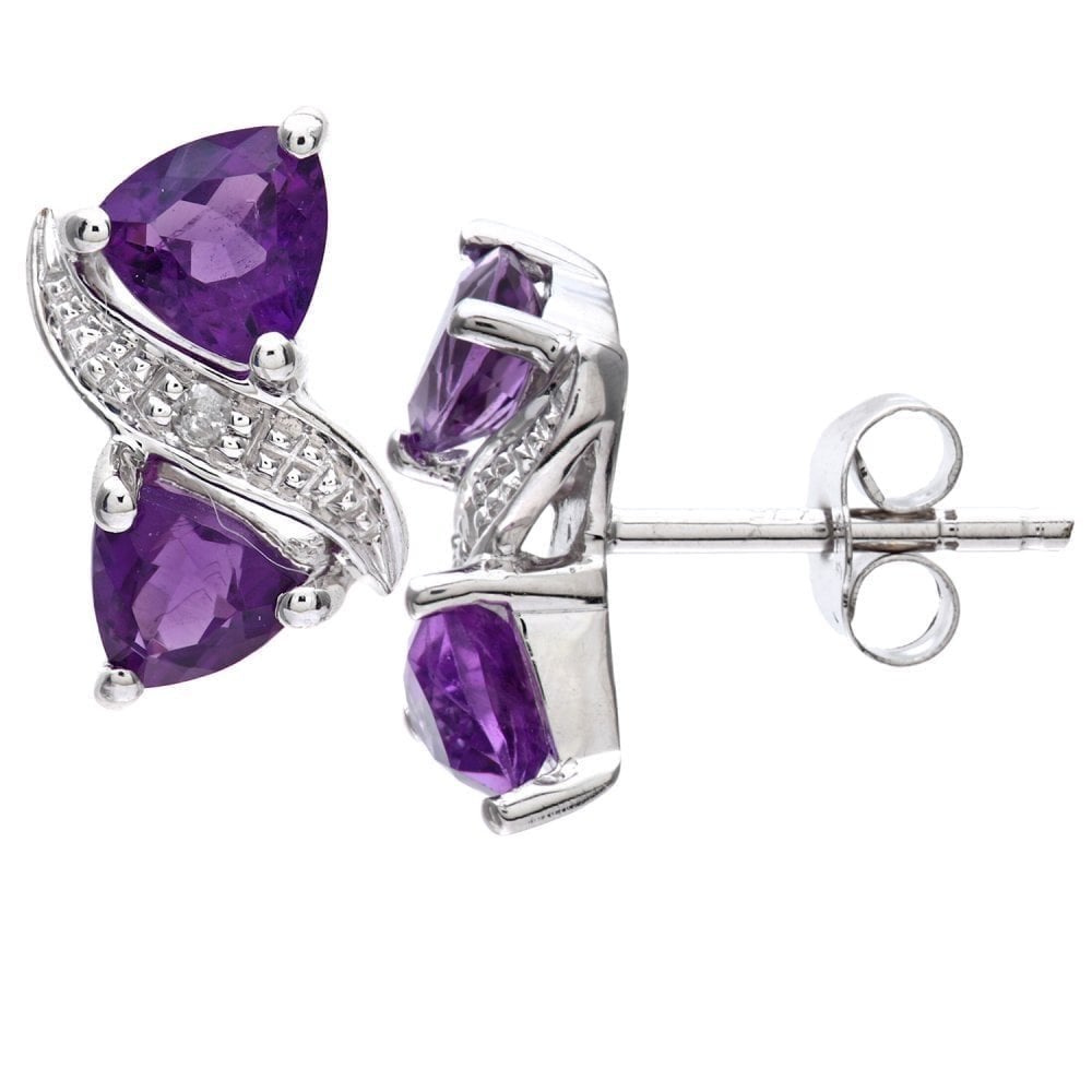 9ct White Gold Triangle Amethyst and 0.01ct Diamond Stud Earrings