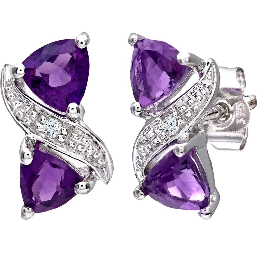 9ct White Gold Triangle Amethyst and 0.01ct Diamond Stud Earrings