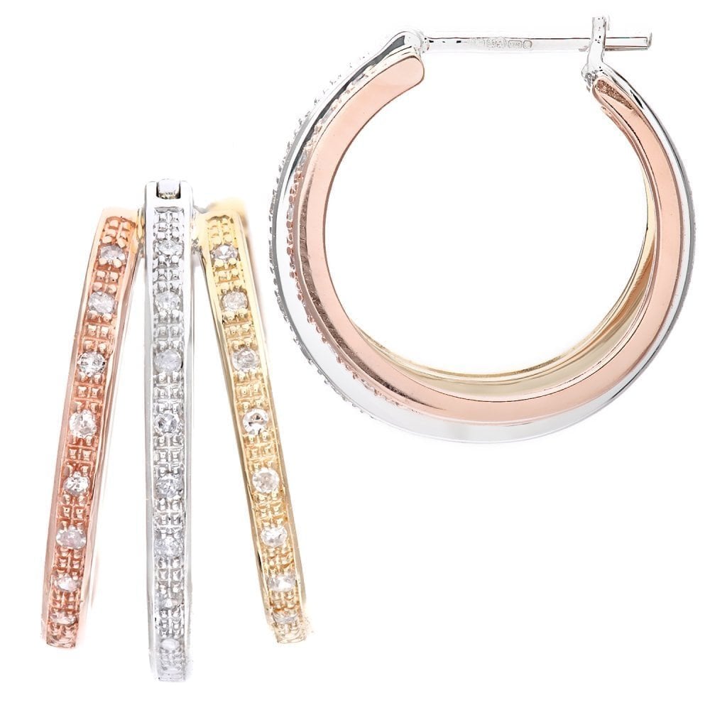 9ct Tri Colour Gold 0.20 Carat Natural Diamond Small Hoop Earrings