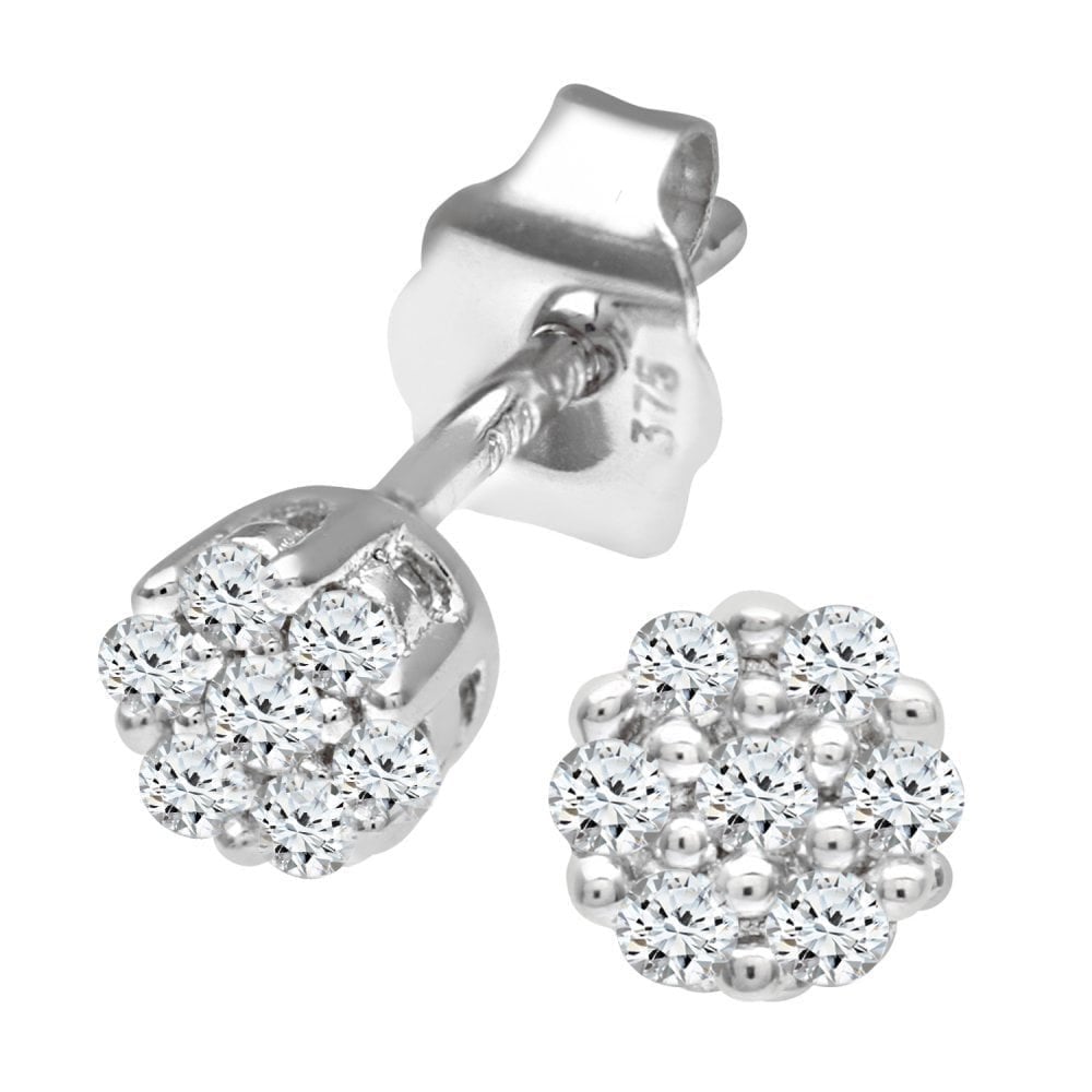 9ct White Gold 0.10 Carat Natural Diamond Cluster Stud Earrings