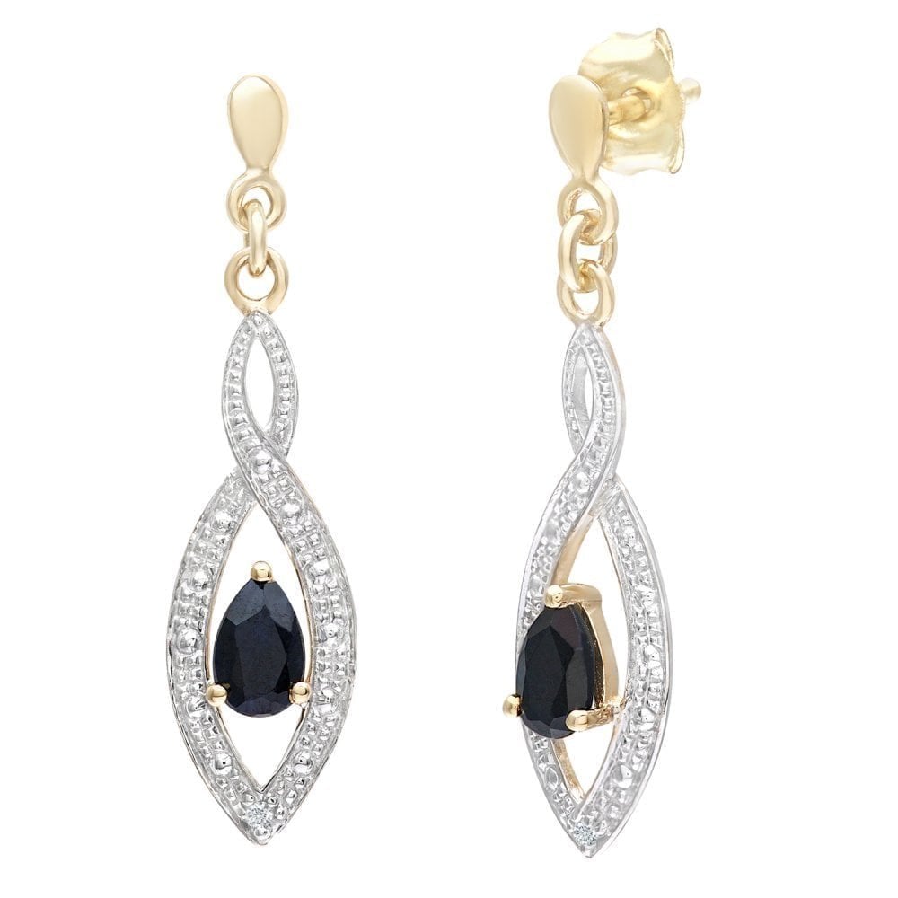 Pear Black Sapphire and Diamond Drop Earrings 9ct Yellow Gold | Prime Jewellery