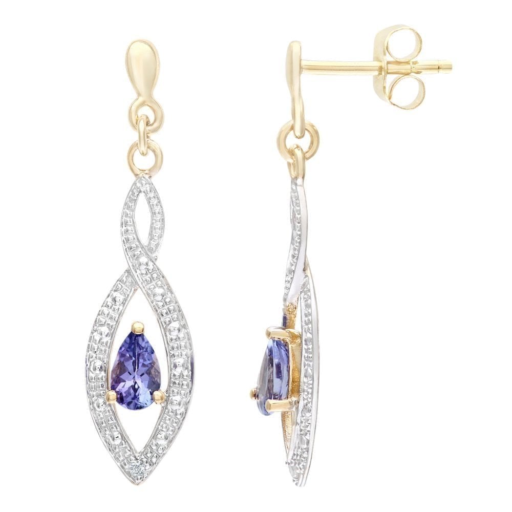 9ct Yellow Gold Tanzanite & 0.01ct Diamond Teardrop Earrings
