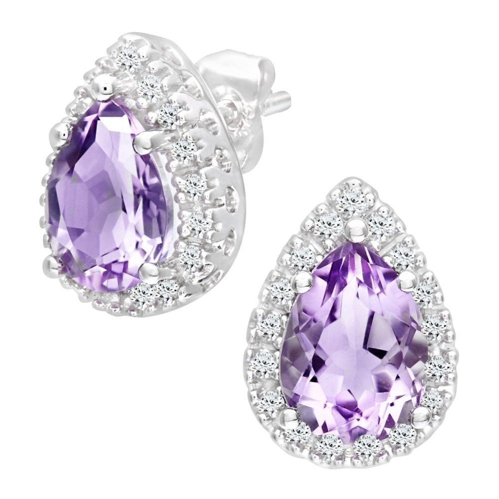 Amethyst Halo Stud Earrings 9ct White Gold | Prime Jewellery