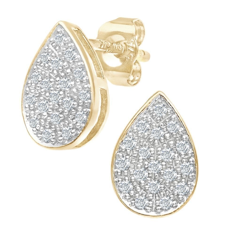 9ct Gold 0.15 Carat Natural Diamond Teardrop Cluster Stud Earrings with Gold Push Back
