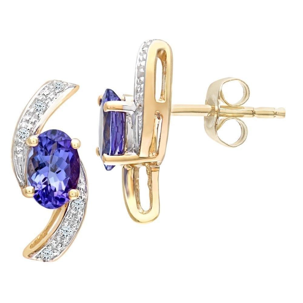 9ct Yellow Gold Oval Tanzanite and 0.05ct Diamond Stud Earrings
