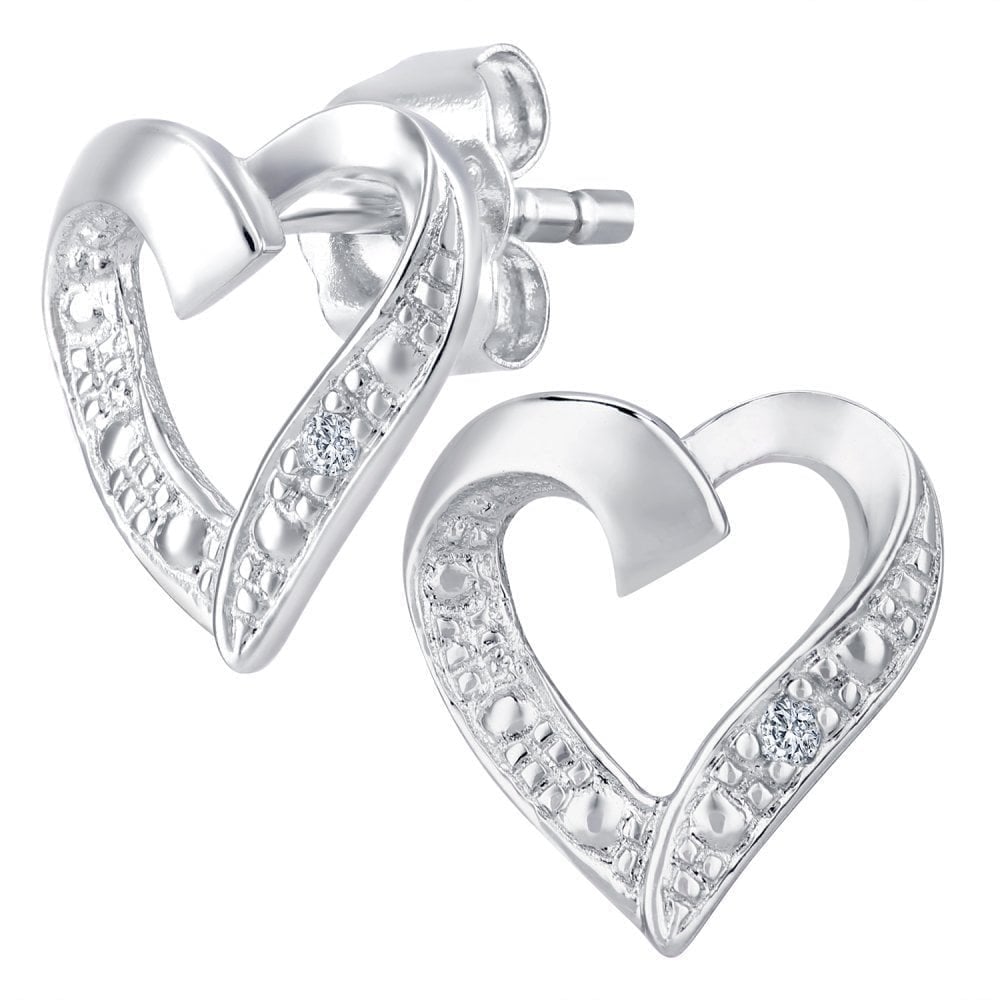 9ct White Gold Natural Diamond Heart Stud Earrings with Gold Push Back