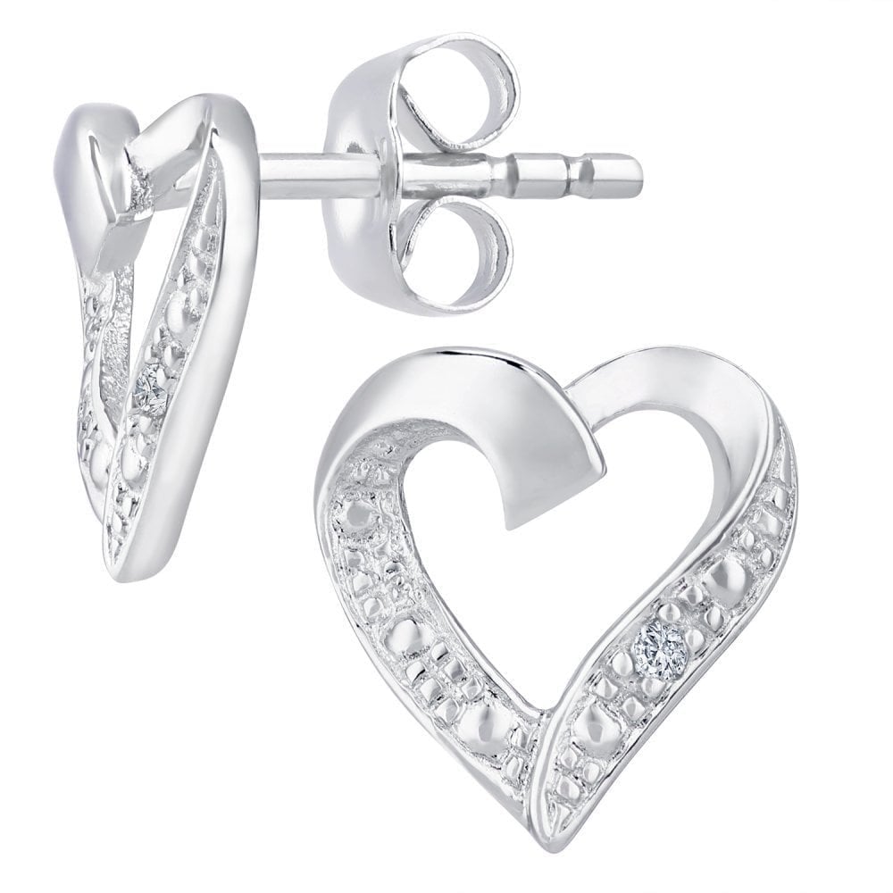 9ct White Gold Natural Diamond Heart Stud Earrings with Gold Push Back