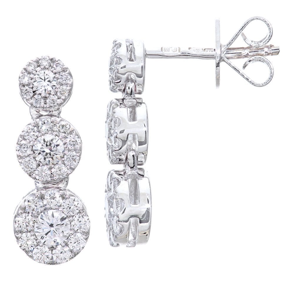 18ct White Gold 0.55 Carat Natural Diamond Trilogy Cluster Drop Earrings