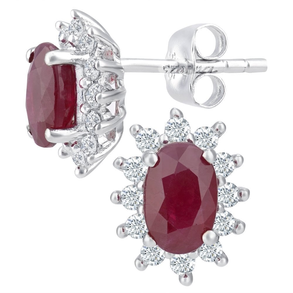 9ct White Gold Oval Ruby Cluster 0.25ct Diamond Stud Earrings