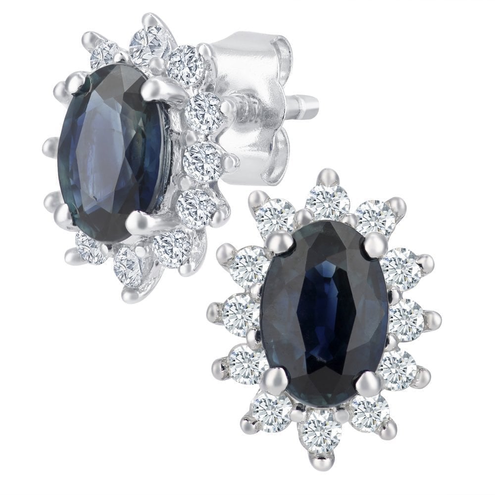 1.48 Ct Oval Natural Blue Sapphire and Diamond Solitaire Halo Stud Earrings in 9ct White Gold