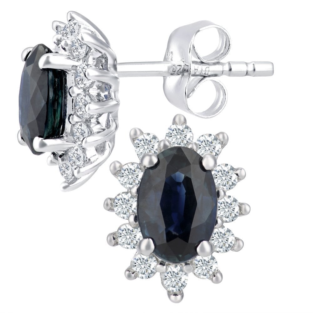 1.48 Ct Oval Natural Blue Sapphire and Diamond Solitaire Halo Stud Earrings in 9ct White Gold