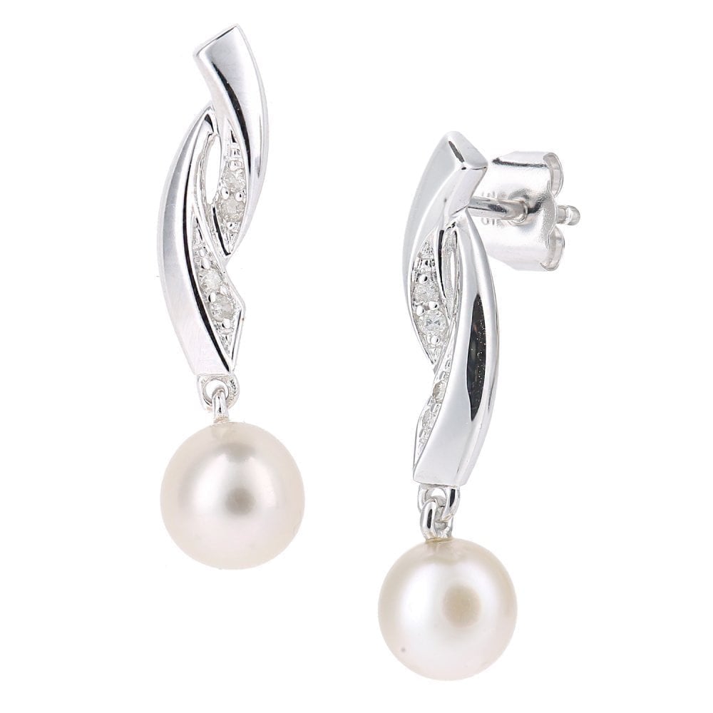 9ct White Gold Cultured Pearl and 0.05ct Diamond Drop Earrings
