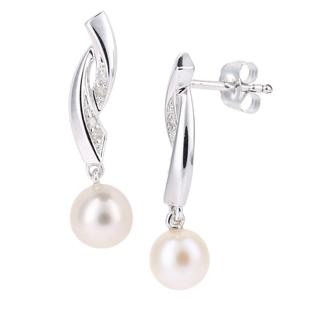 9ct White Gold Cultured Pearl and 0.05ct Diamond Drop Earrings