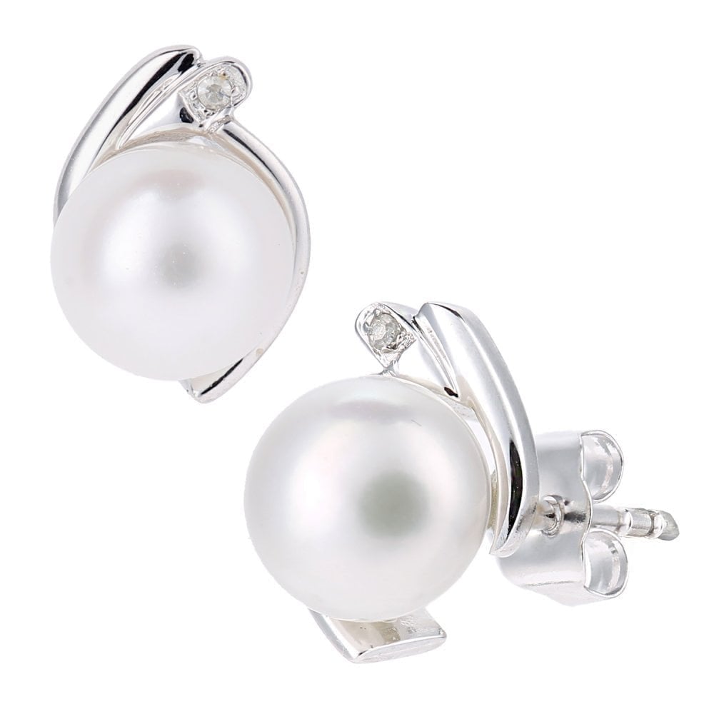 9ct White Gold Cultured Pearl and 0.01ct Diamond Stud Earrings