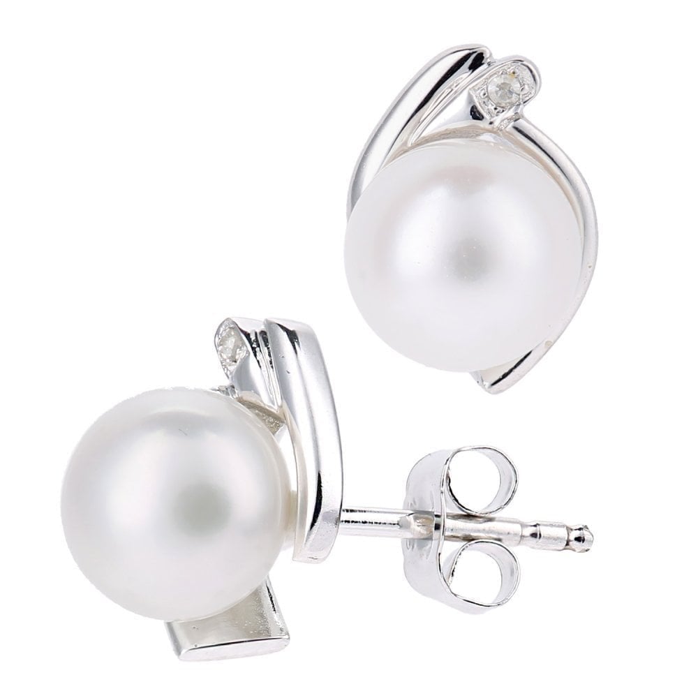 9ct White Gold Cultured Pearl and 0.01ct Diamond Stud Earrings