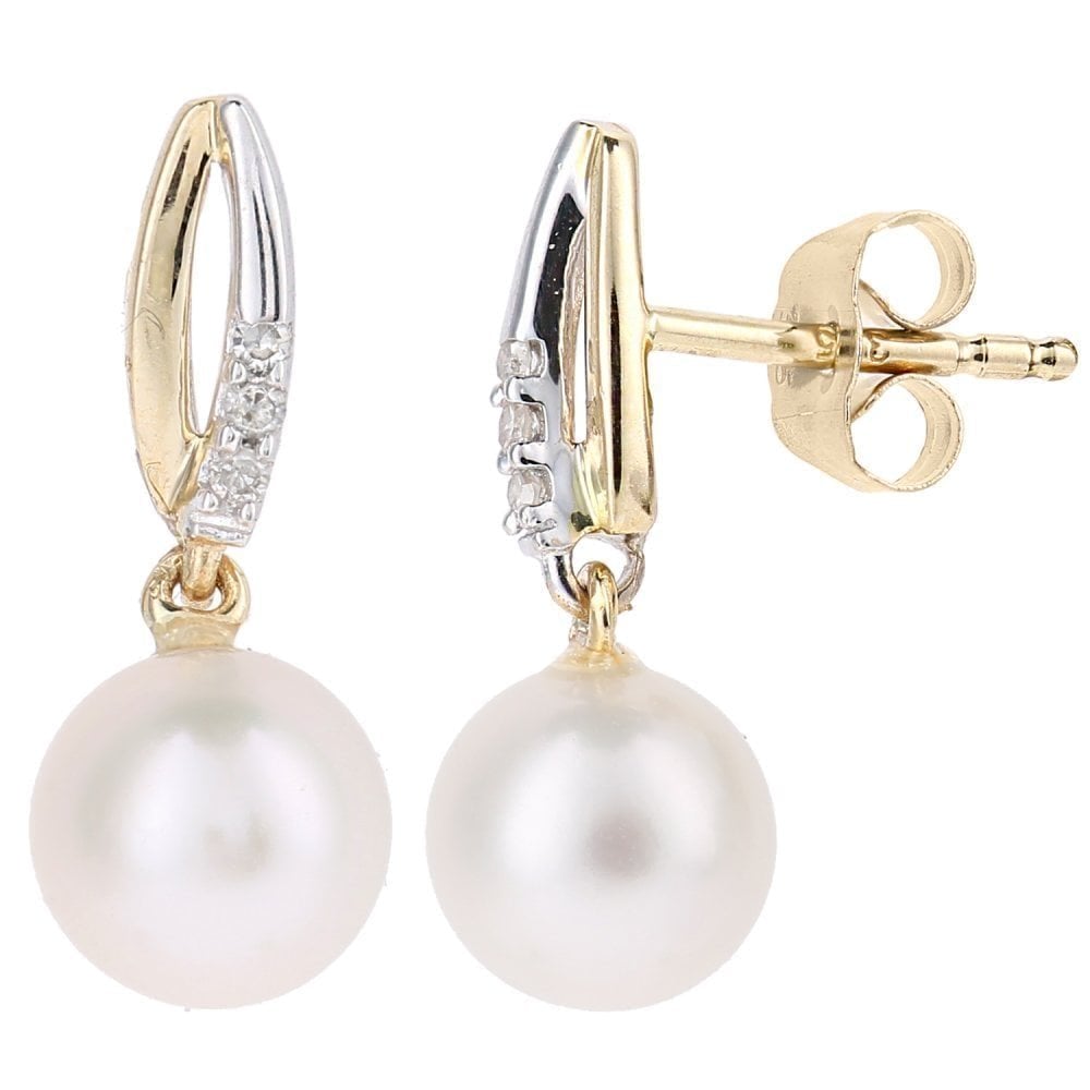 9ct Yellow Gold Cultured Pearl and 0.03ct Diamond Drop Earrings
