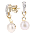 9ct Yellow Gold Cultured Pearl Infinity 0.04ct Diamond Drop Earrings