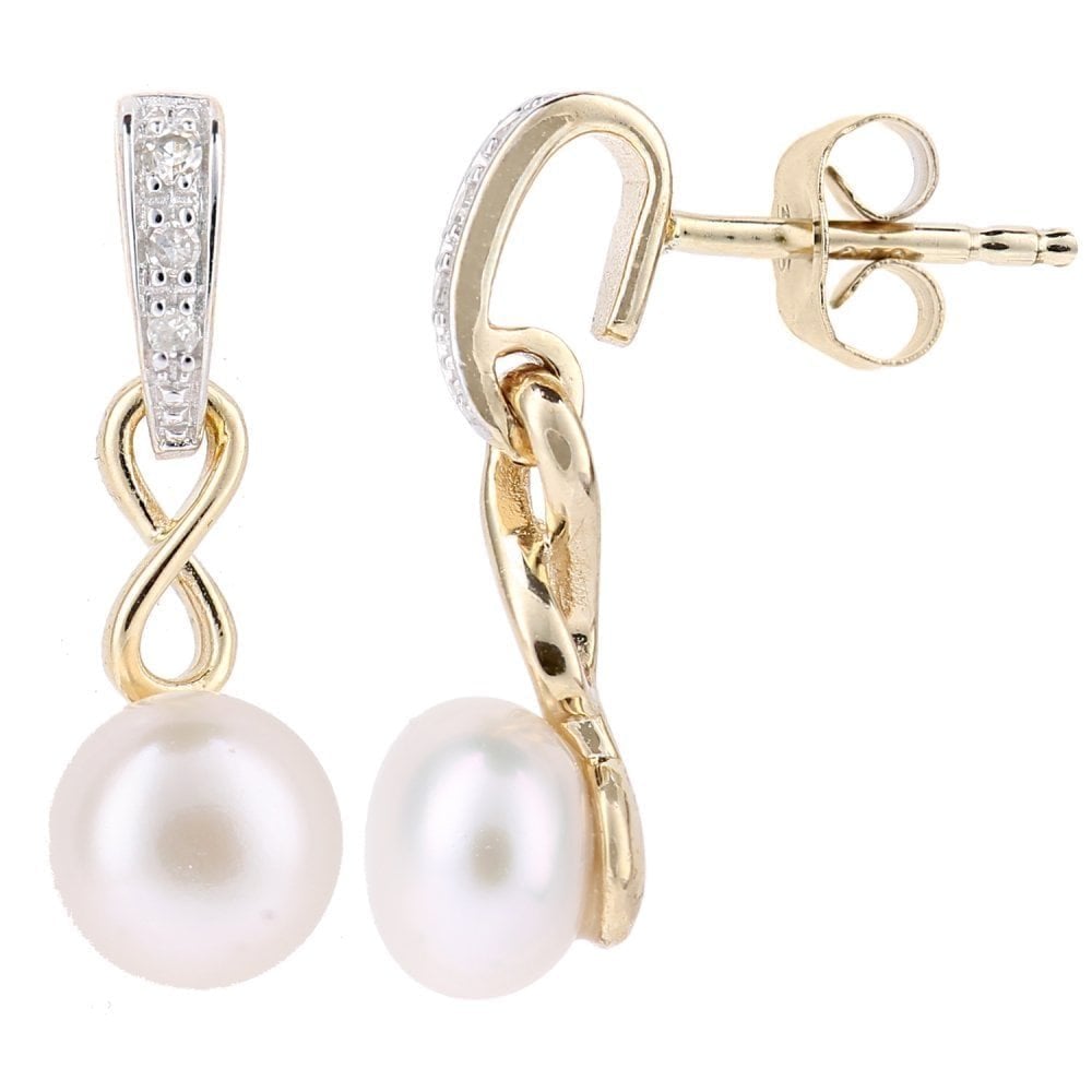 9ct Yellow Gold Cultured Pearl Infinity 0.04ct Diamond Drop Earrings