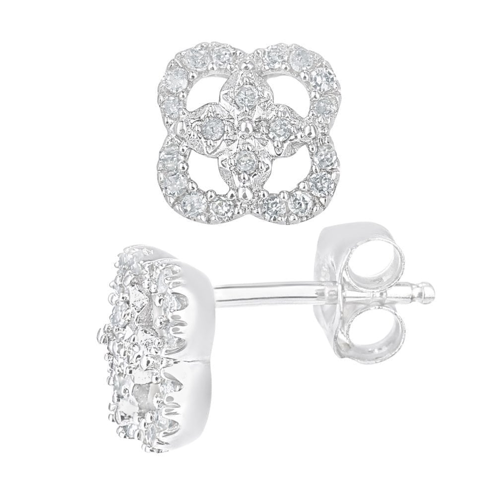 9ct White Gold 0.15 Carat Natural Diamond Flower Stud Earrings
