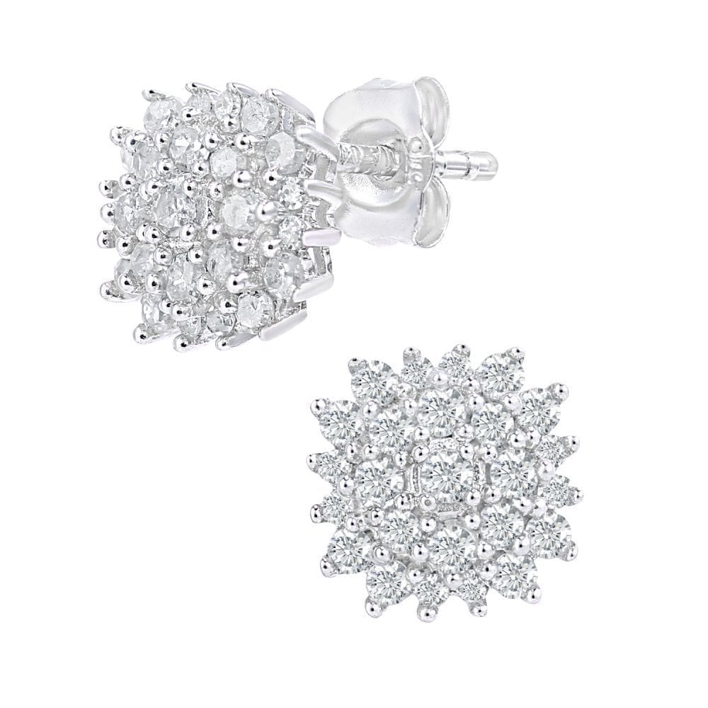 9ct White Gold 0.40 Carat Natural Diamond Cluster Round Stud Earrings with Gold Push Back