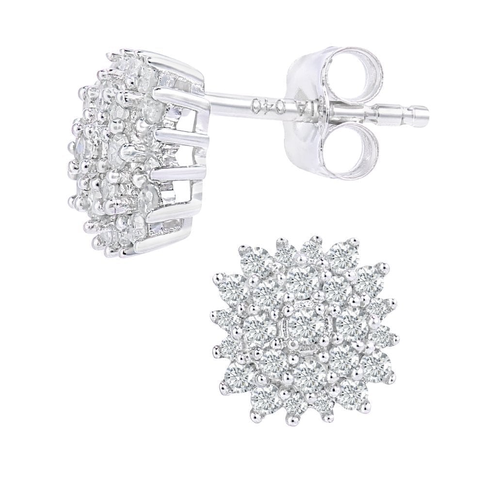9ct White Gold 0.40 Carat Natural Diamond Cluster Round Stud Earrings with Gold Push Back