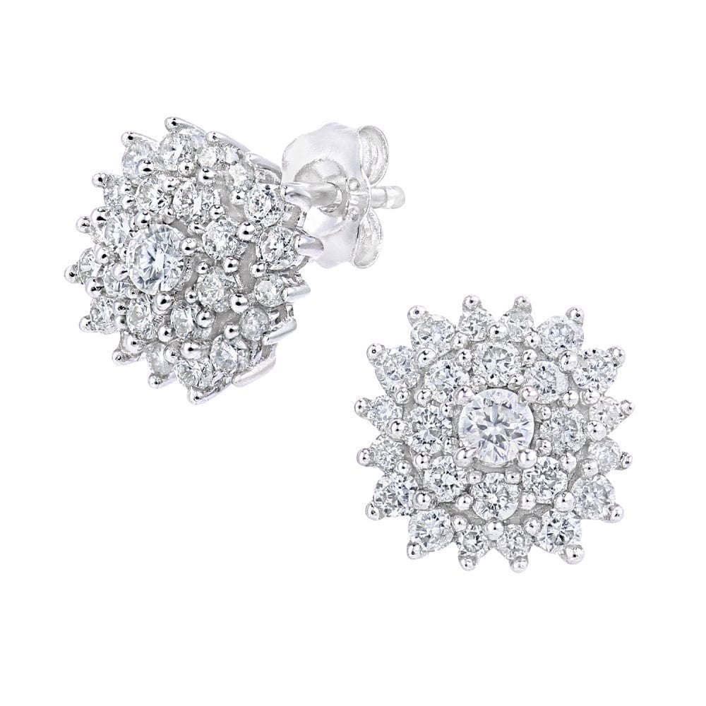 9ct White Gold 0.60 Carat Natural Diamond Cluster Round Stud Earrings with Gold Push Back