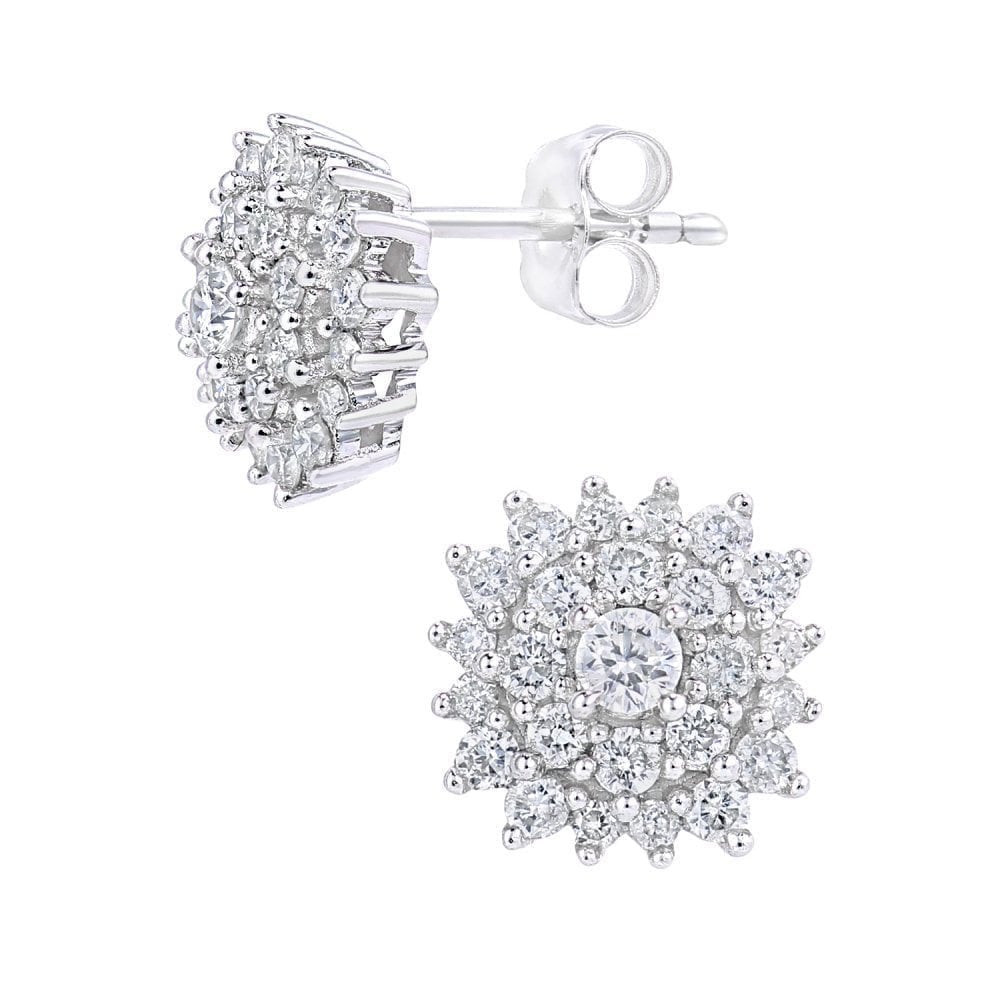 9ct White Gold 0.60 Carat Natural Diamond Cluster Round Stud Earrings with Gold Push Back