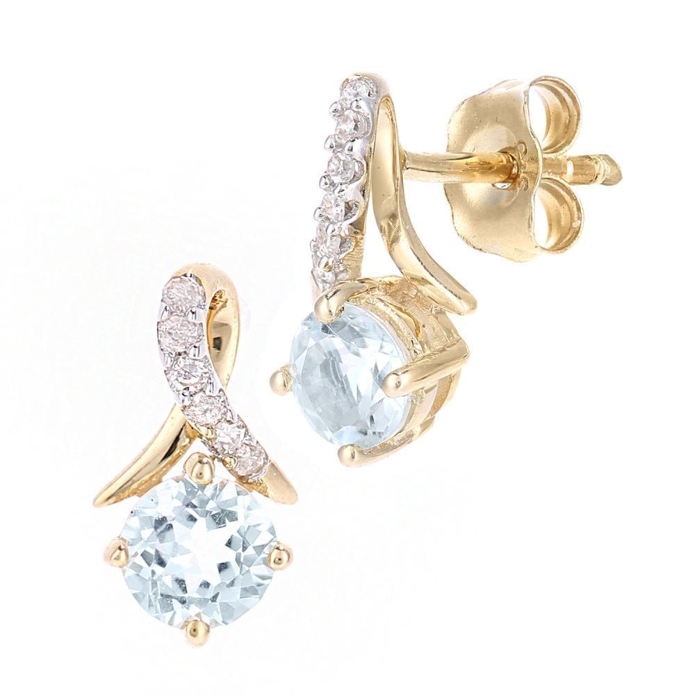 9k Yellow Gold Sky Blue Topaz and Diamond Kiss Stud Earrings