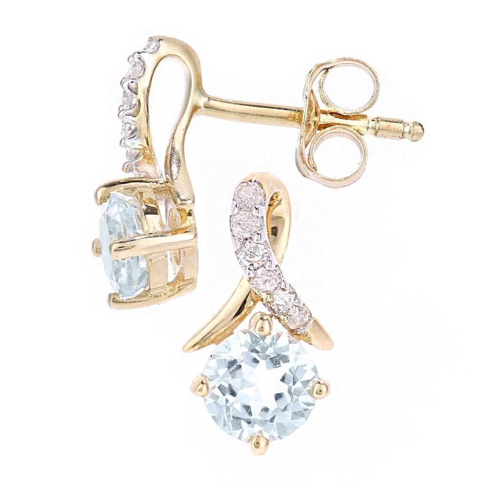 9k Yellow Gold Sky Blue Topaz and Diamond Kiss Stud Earrings