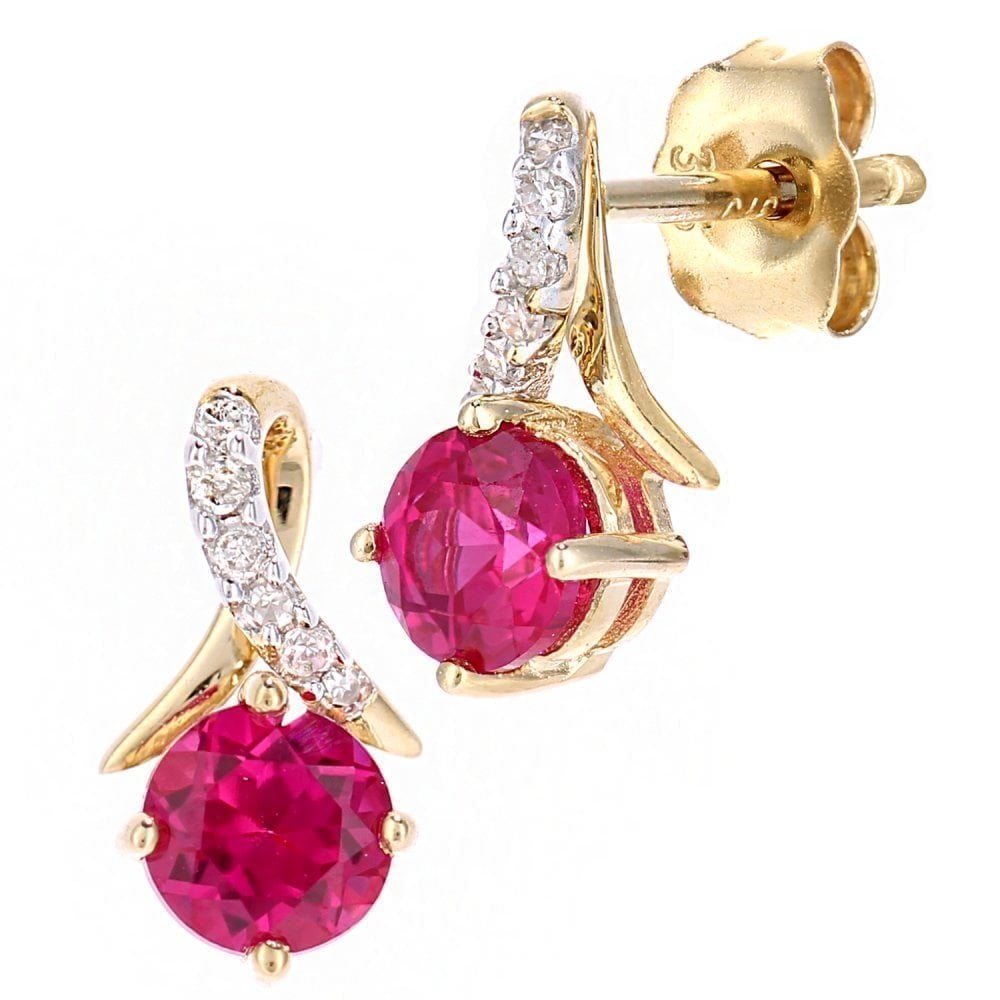9ct Yellow Gold Created Ruby and 0.05ct Diamond Crossover Stud Earrings