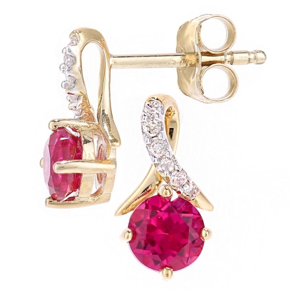 9ct Yellow Gold Created Ruby and 0.05ct Diamond Crossover Stud Earrings