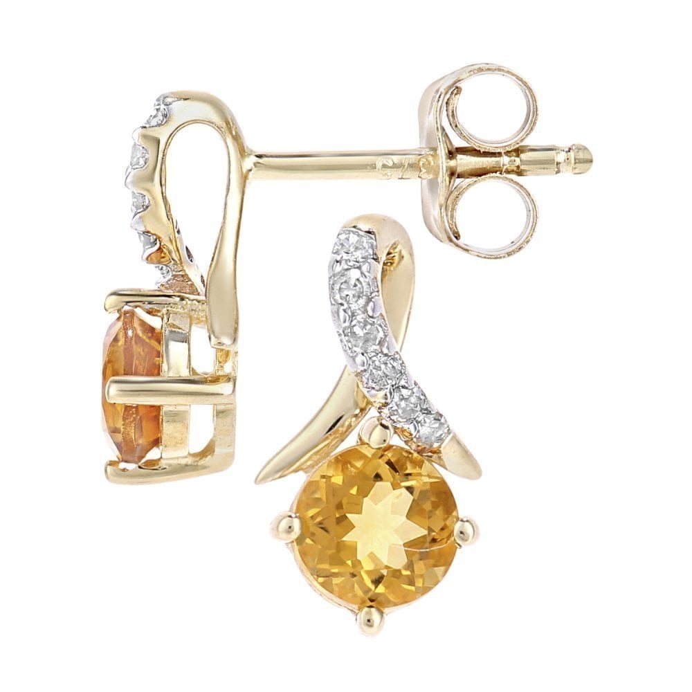 Citrine Cushion and Diamond Stud Earrings in 9ct Yellow Gold