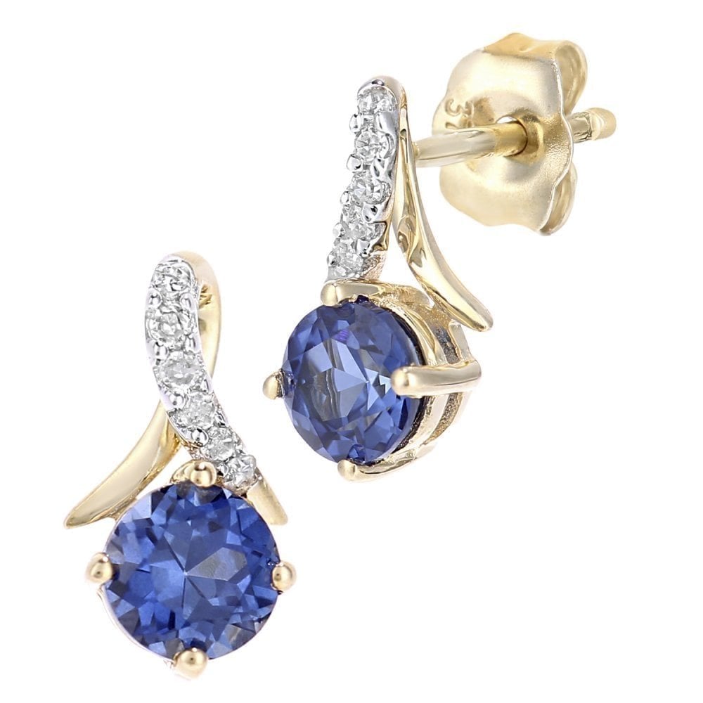 9ct Yellow Gold Created Tanzanite and 0.05ct Diamond Crossover Stud Earrings