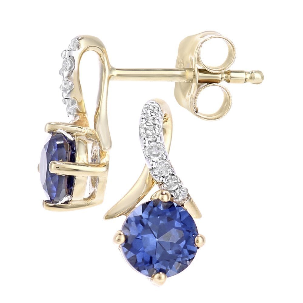 9ct Yellow Gold Created Tanzanite and 0.05ct Diamond Crossover Stud Earrings