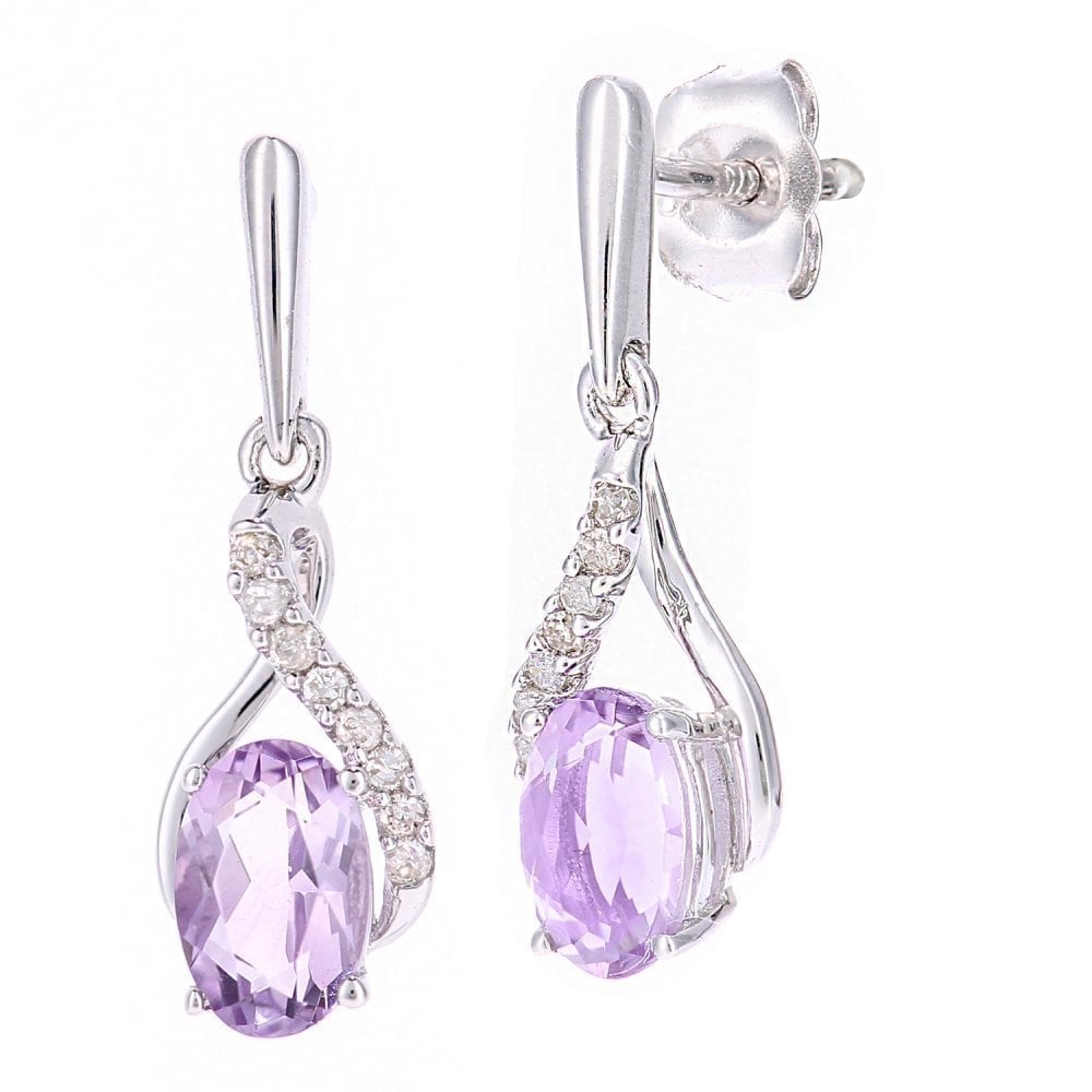 9ct White Gold Oval Amethyst Crossover 0.05ct Diamond Drop Earrings