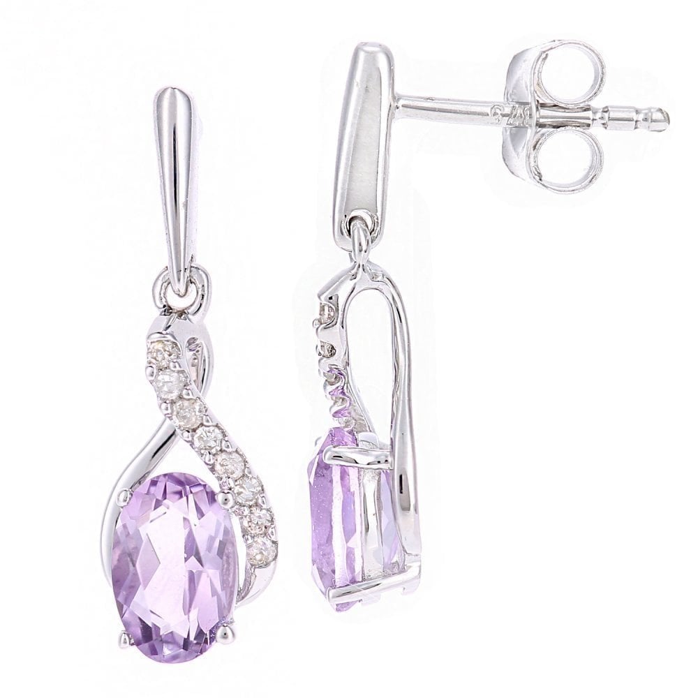 9ct White Gold Oval Amethyst Crossover 0.05ct Diamond Drop Earrings