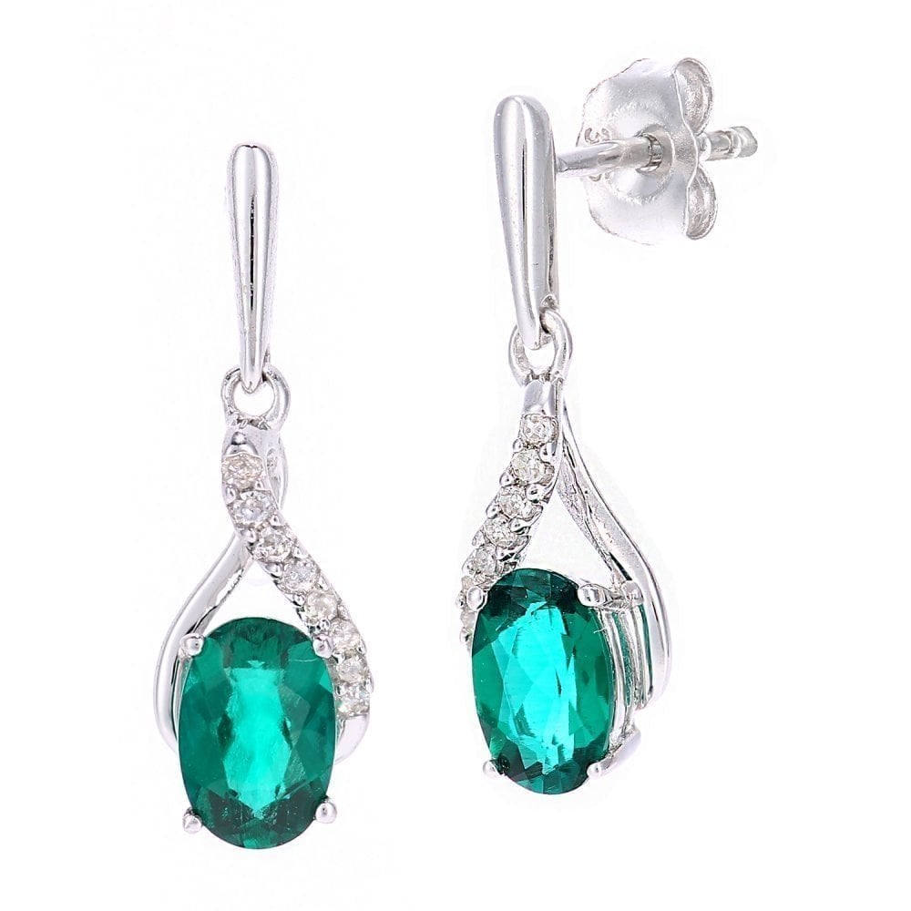 9ct White Gold 0.84ct Oval Created Emerald & Diamond Crossover Drop Earrings
