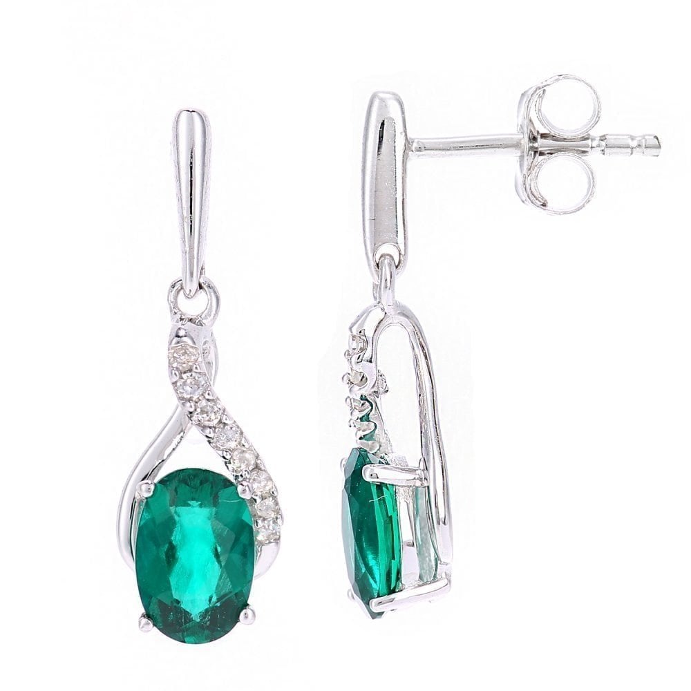 9ct White Gold 0.84ct Oval Created Emerald & Diamond Crossover Drop Earrings