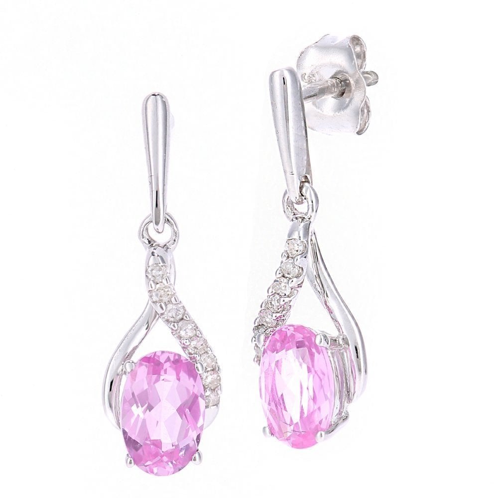 9ct White Gold Oval Created Pink Sapphire Crossover 0.05ct Diamond Drop Earrings