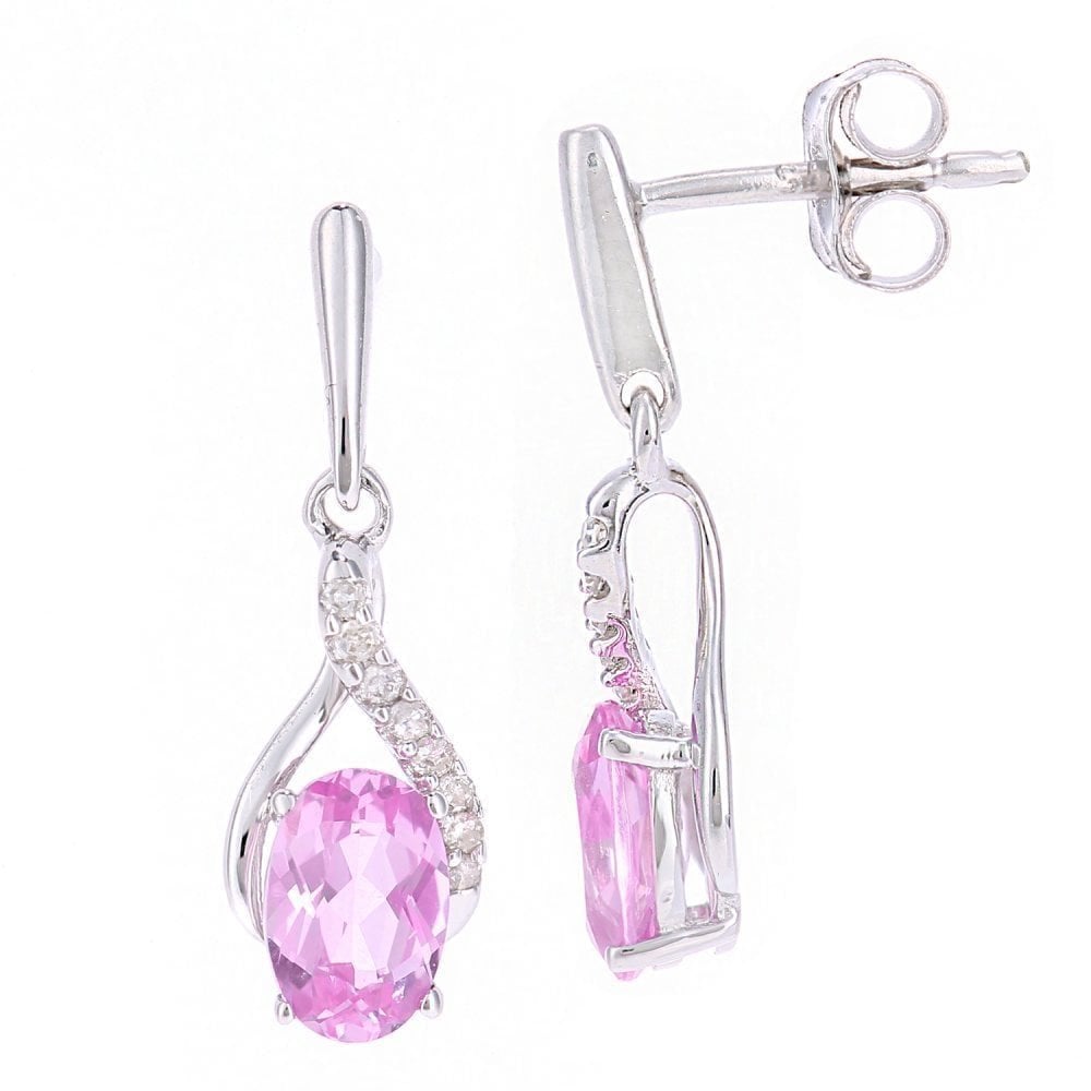 9ct White Gold Oval Created Pink Sapphire Crossover 0.05ct Diamond Drop Earrings