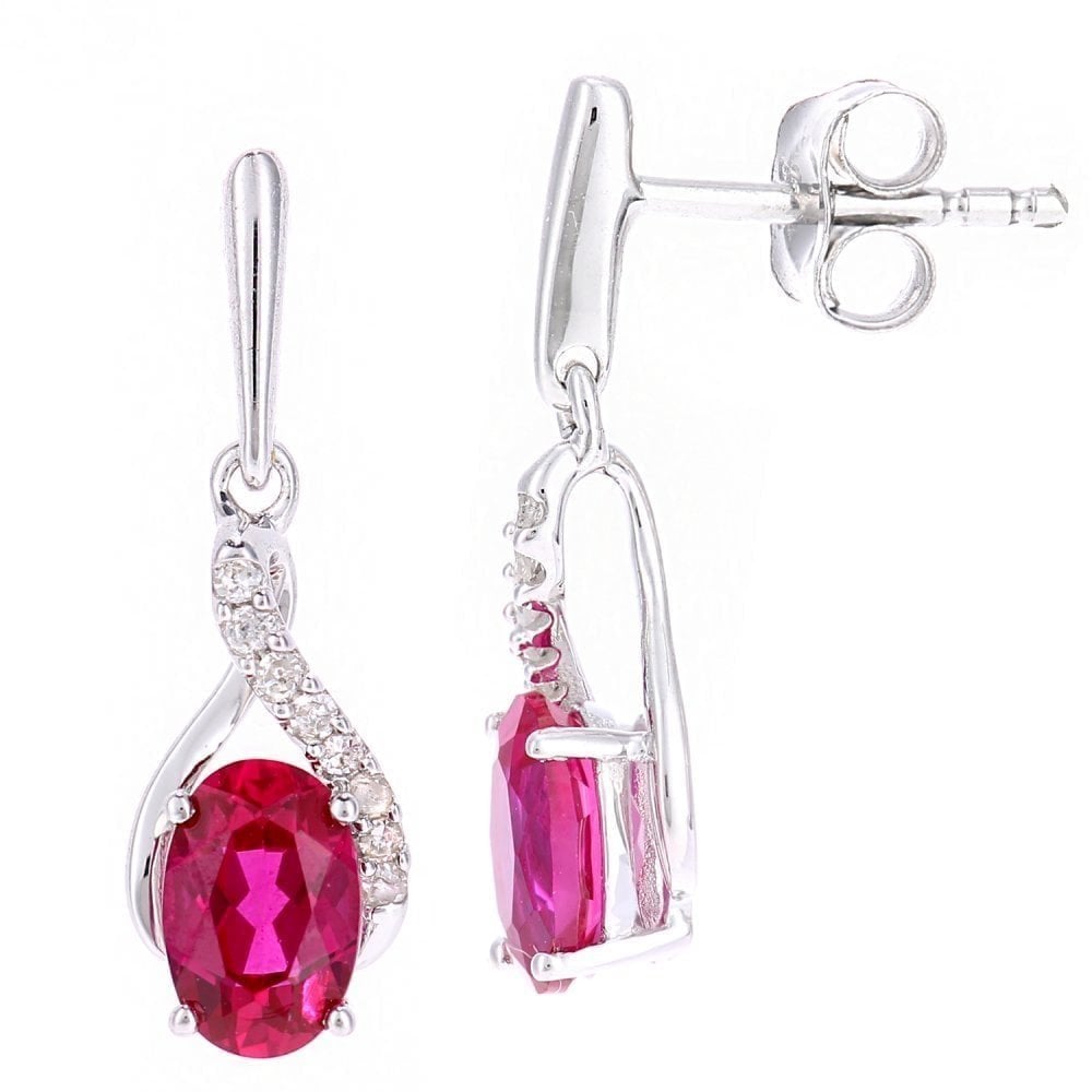 9ct White Gold Oval Created Ruby Crossover 0.05ct Diamond Drop Earrings