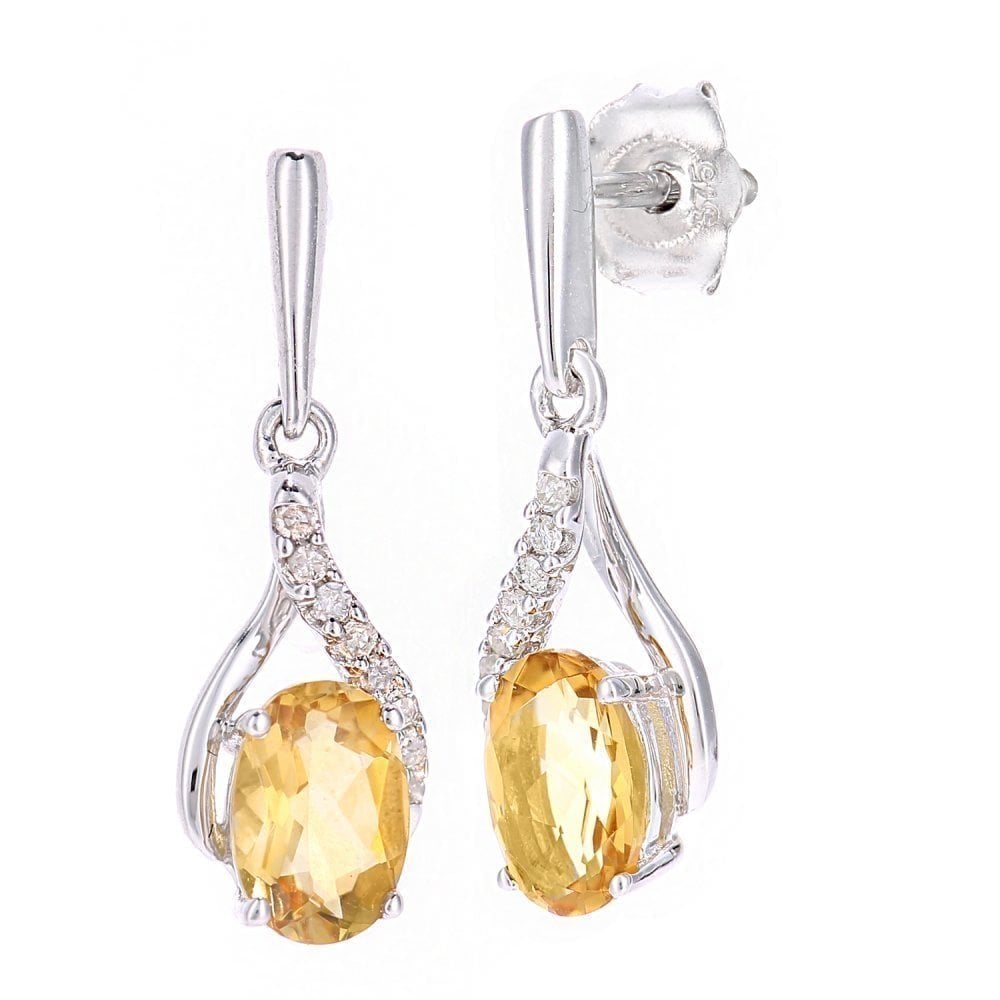 9ct White Gold Citrine and Diamond Dangling Earrings