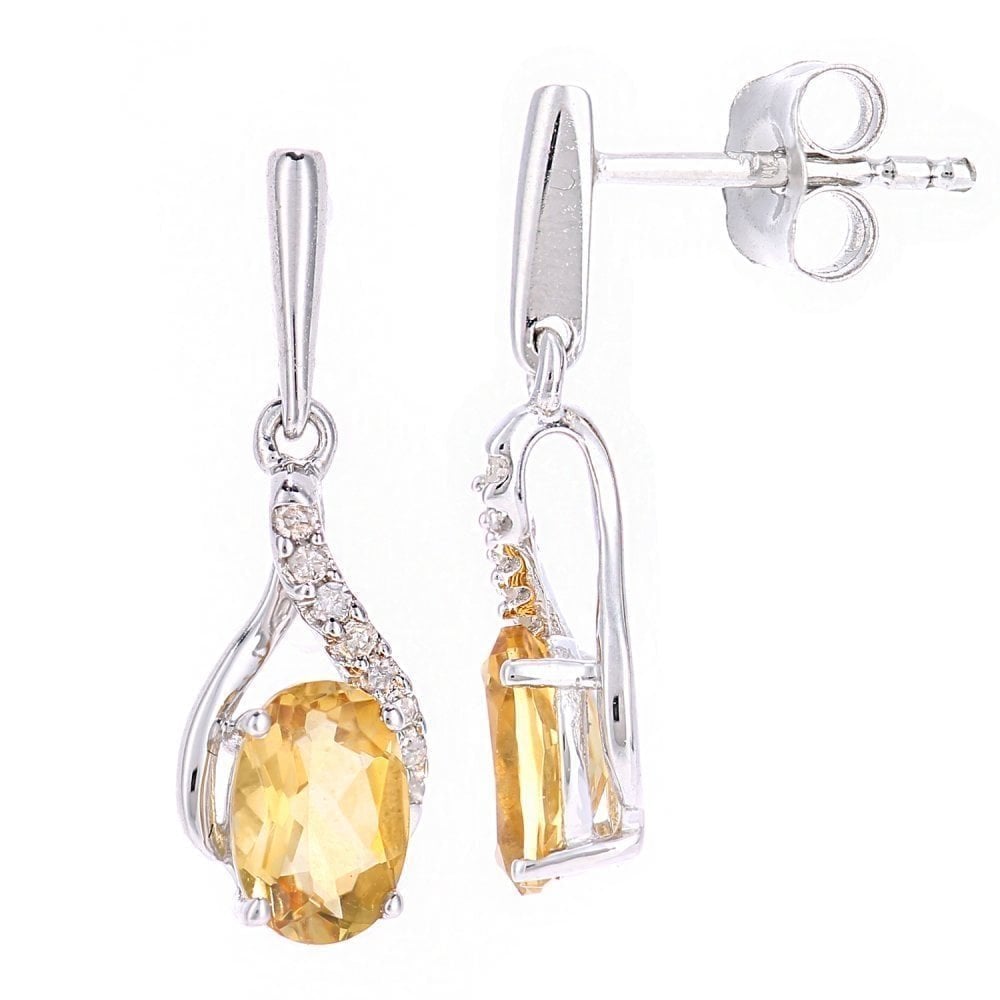 9ct White Gold Citrine and Diamond Dangling Earrings