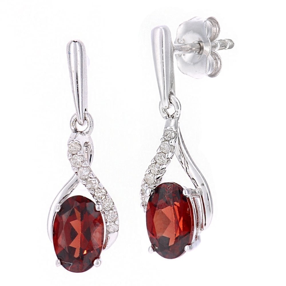 9ct White Gold Oval Garnet Crossover 0.05ct Diamond Drop Earrings