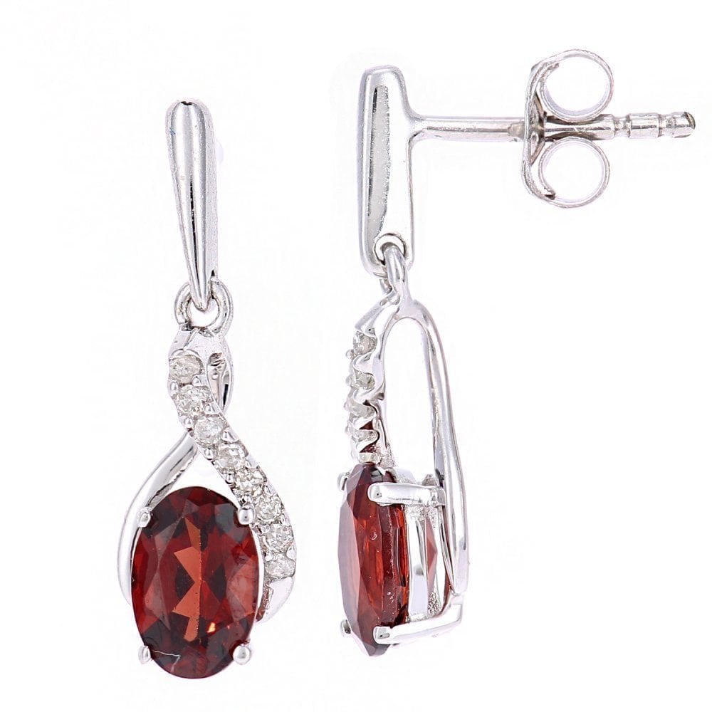 9ct White Gold Oval Garnet Crossover 0.05ct Diamond Drop Earrings