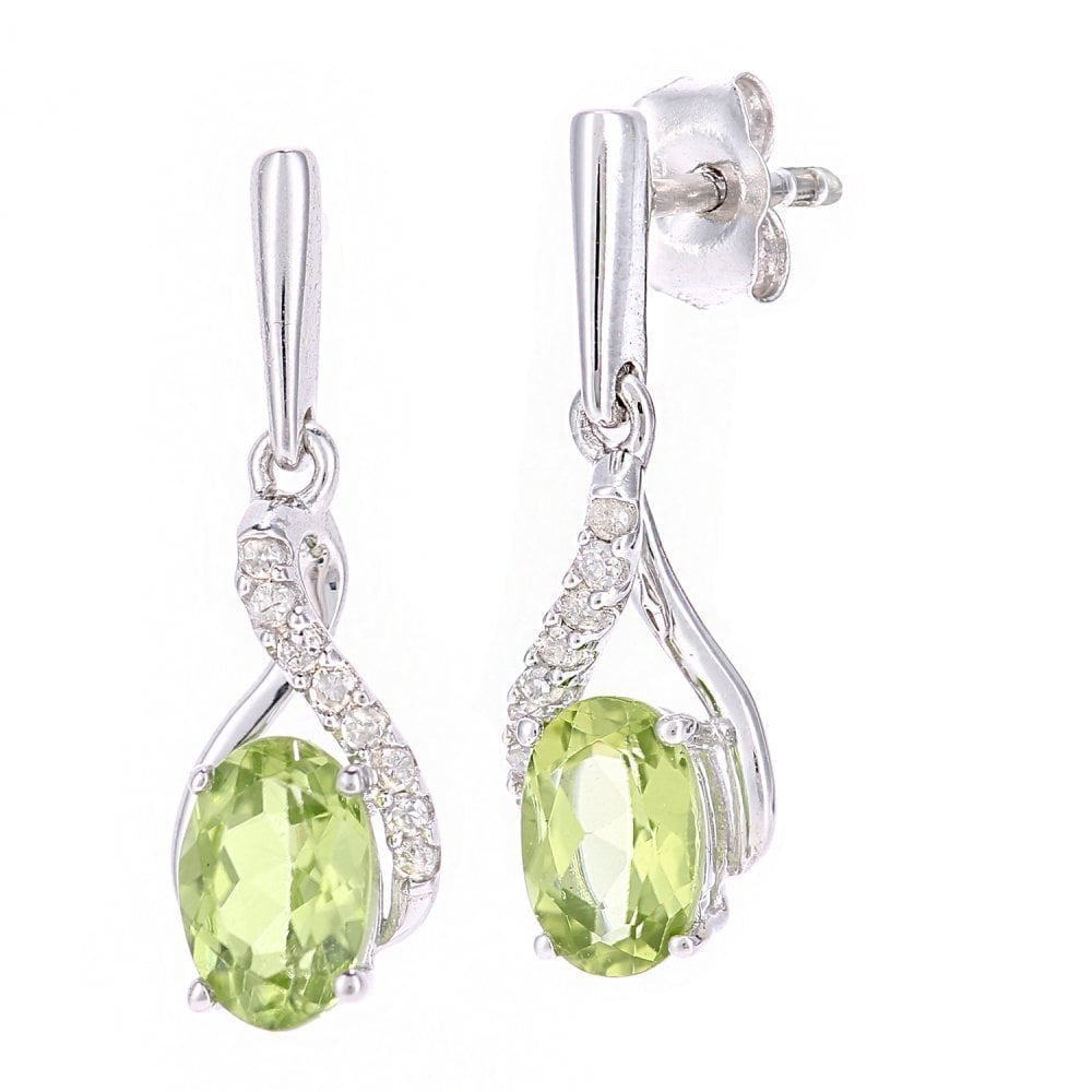 9ct White Gold Oval Peridot Crossover 0.05ct Diamond Drop Earrings