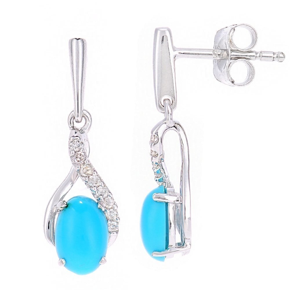 9ct White Gold Oval Turquoise Crossover 0.05ct Diamond Drop Earrings