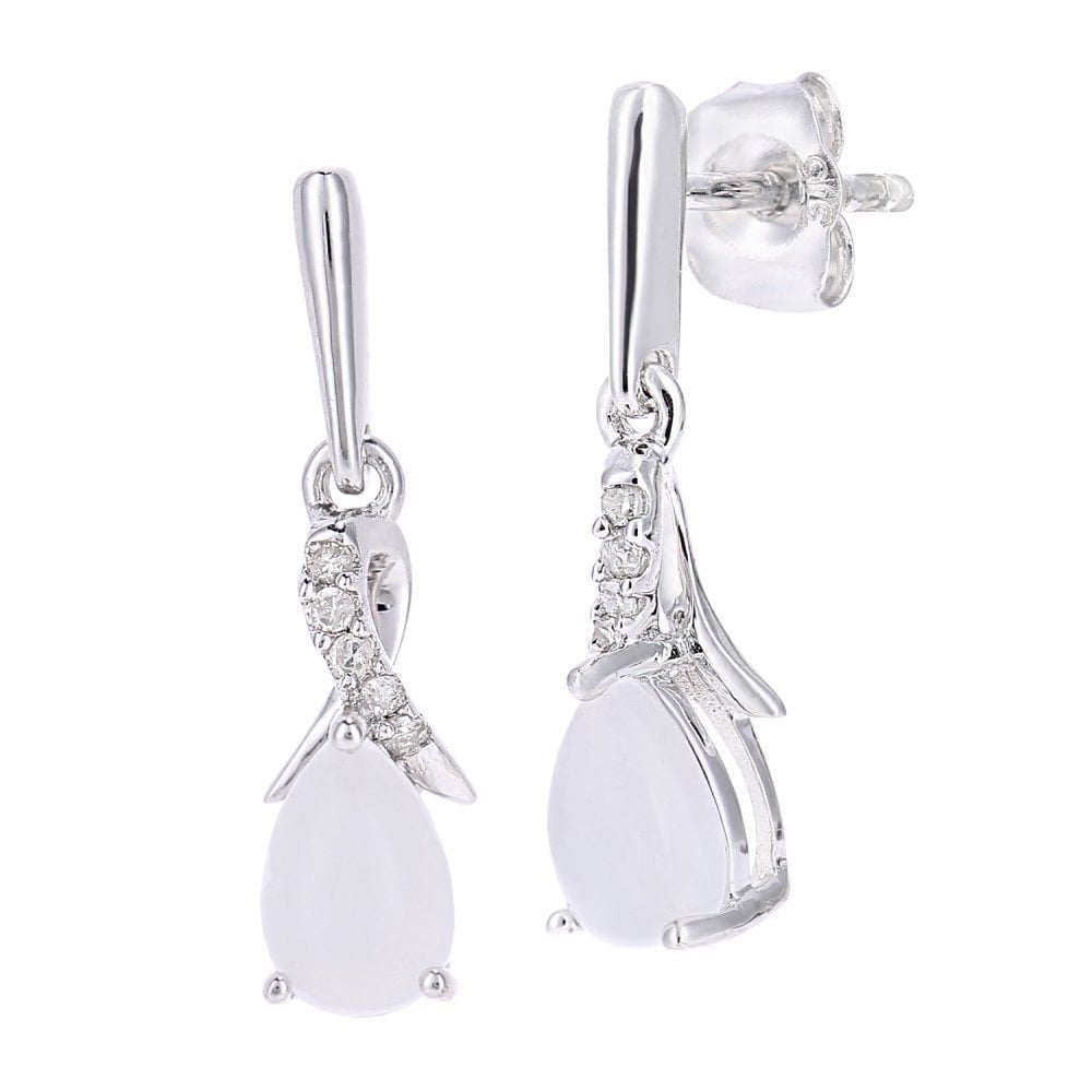 9ct White Gold Oval Opal Crossover 0.05ct Diamond Drop Earrings