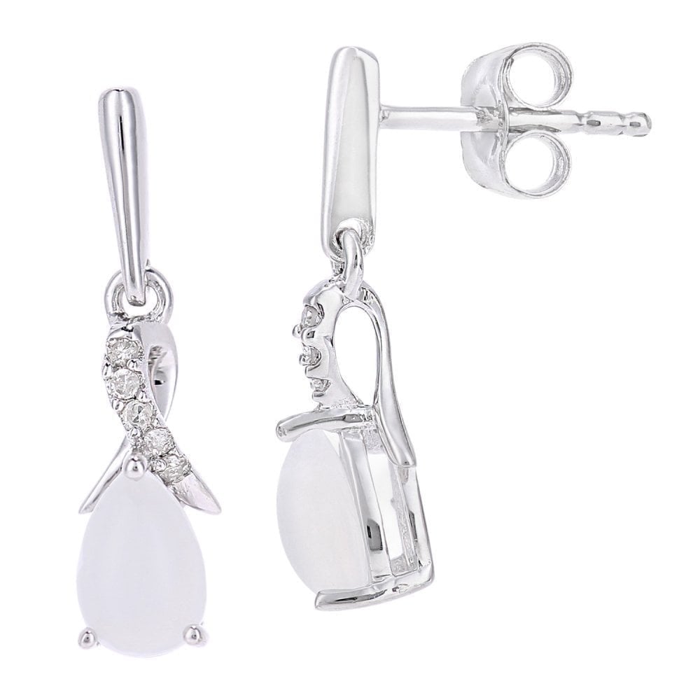 9ct White Gold Oval Opal Crossover 0.05ct Diamond Drop Earrings